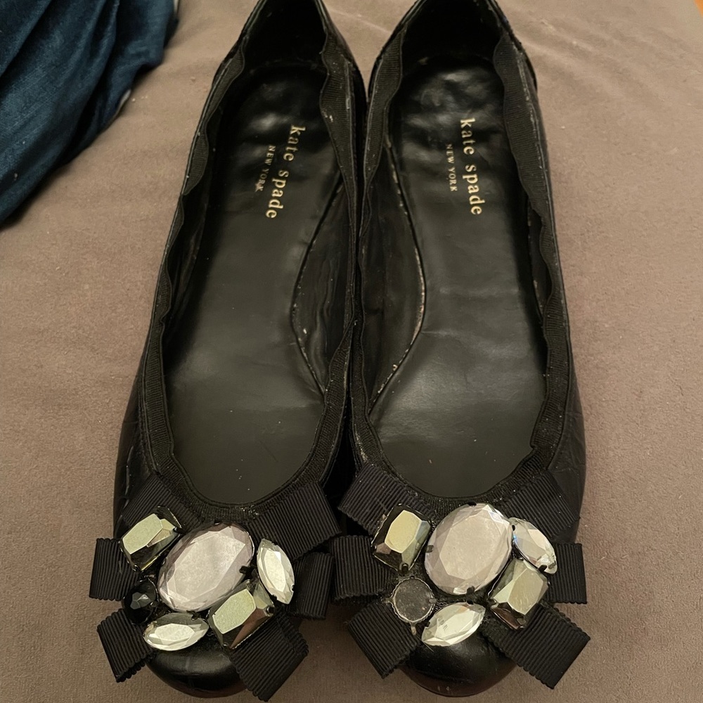 Kate Spade embellished black leather flats with gems and bows size 7.5